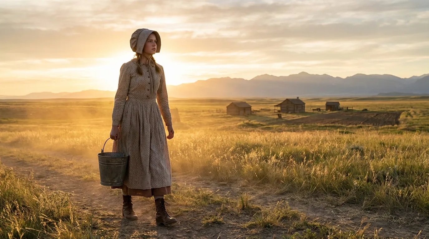 Frontier girl carrying a bucket across prairie fields at sunrise near pioneer cabins and mountains