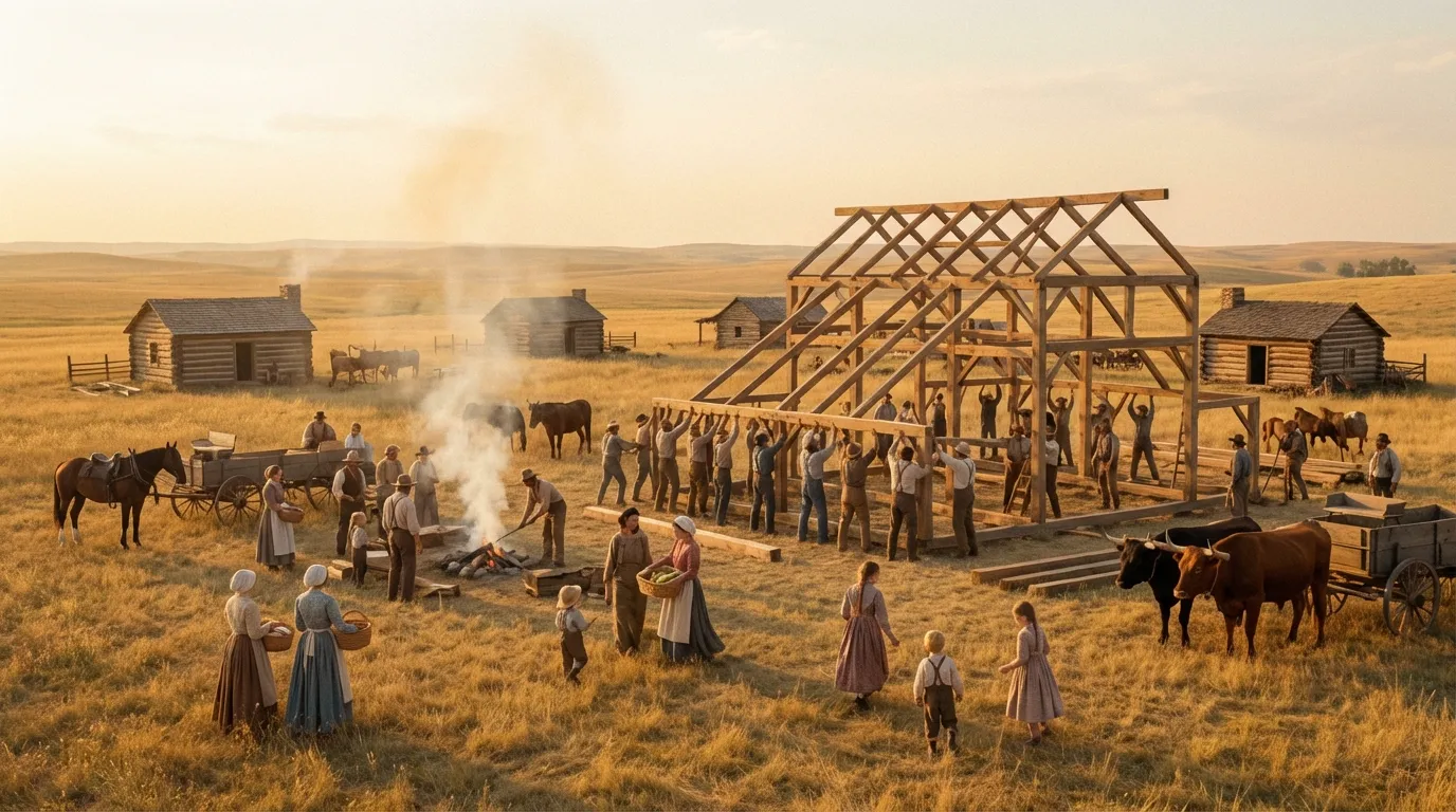 Pioneer families working together to build a barn, sharing labor, food, and community support in prairie Pioneer families working together to build a barn, sharing labor, food, and community support in prairie