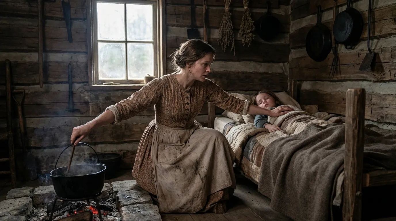 Pioneer mother cooking over fire while caring for sick child inside rustic frontier cabin