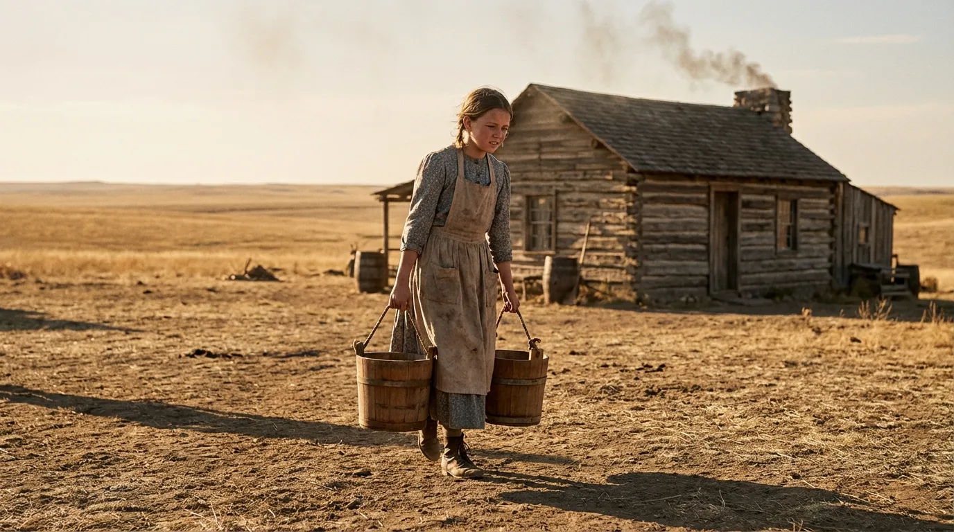 Young pioneer girl carries water buckets across a dusty prairie near a log cabin at sunset
