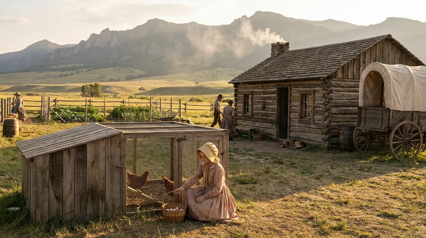 Young pioneer girl gathering eggs from a chicken coop beside a rustic frontier cabin and prairie farm.