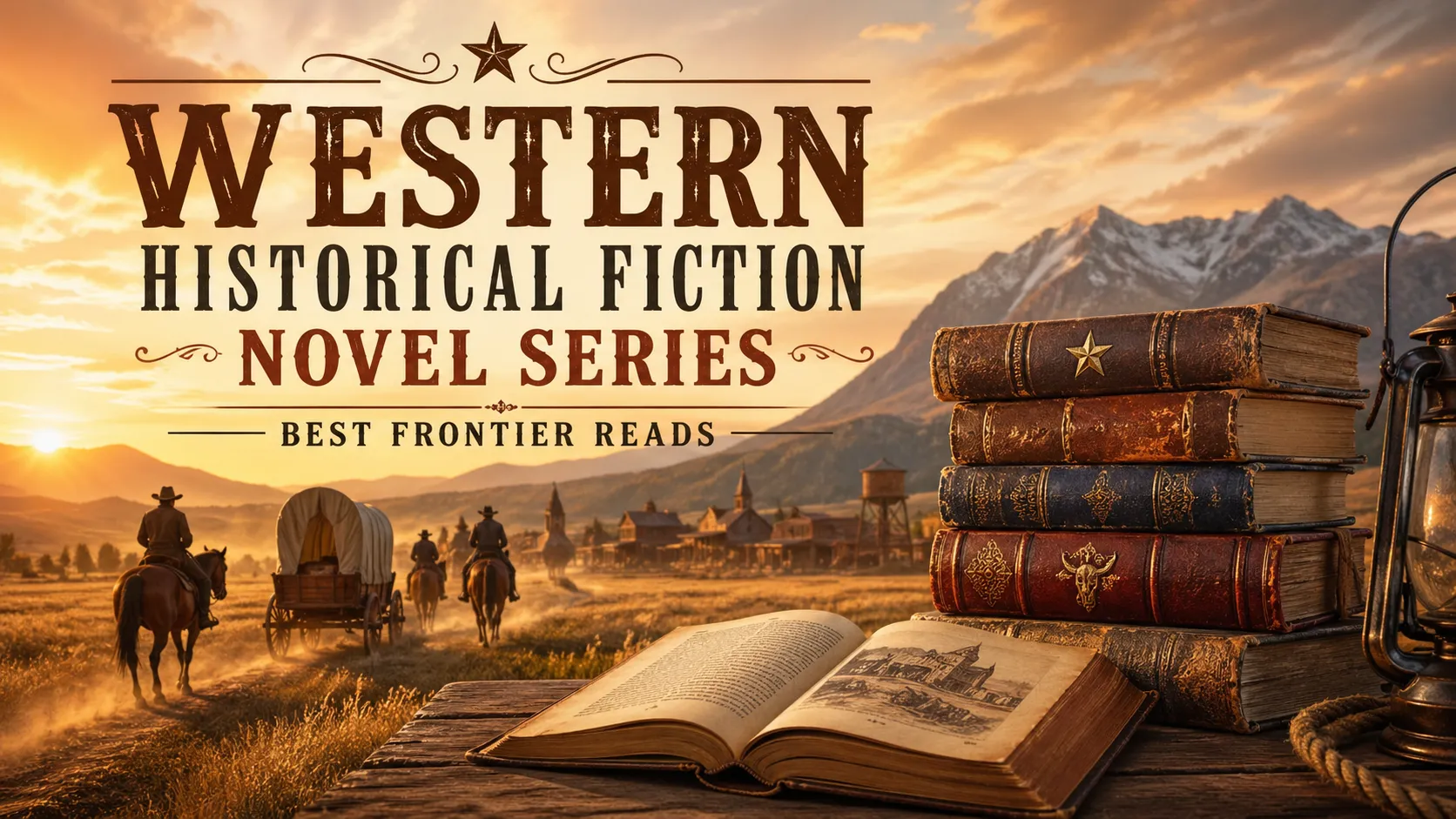 Western historical fiction novel series featured image with vintage books, horseback riders, wagon trail, frontier town, and sunset mountain landscape.