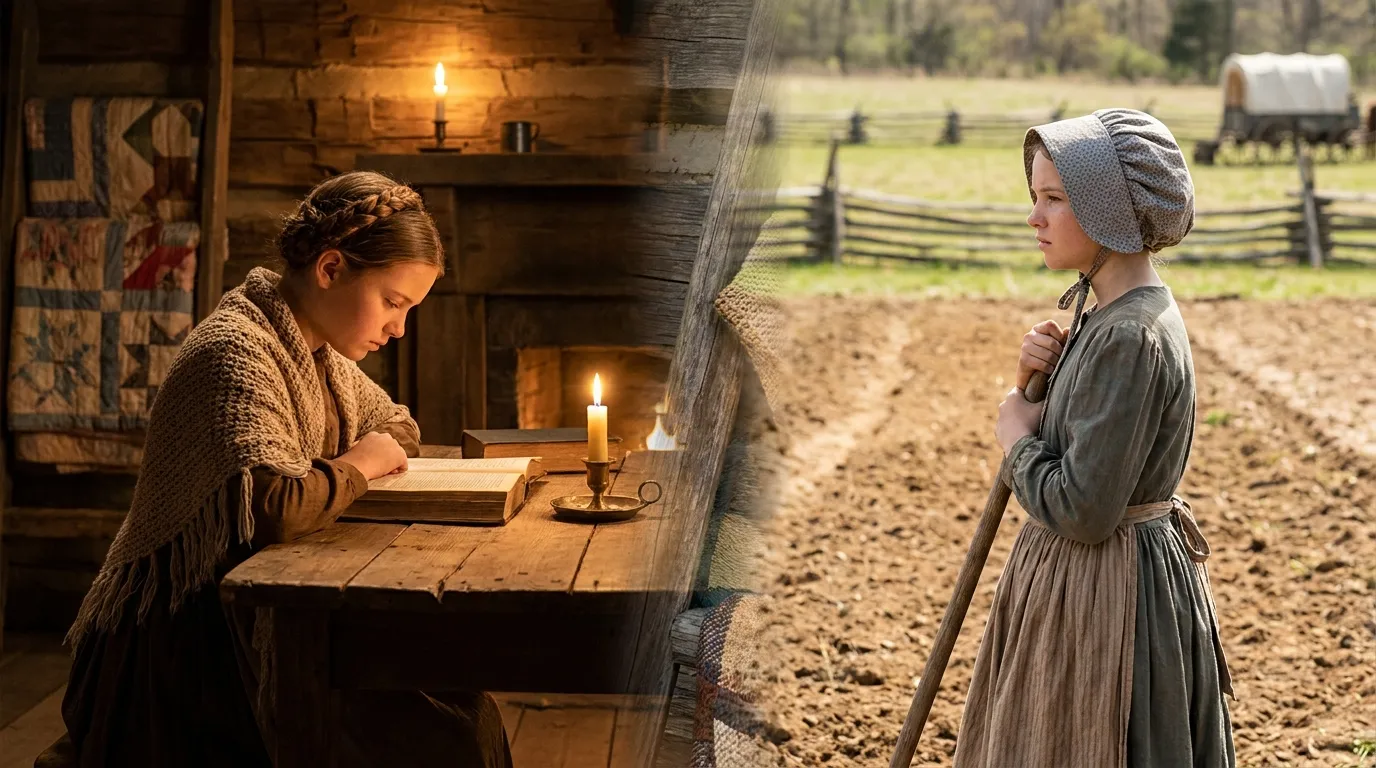 Pioneer girl reading by candlelight and working in field, showing education and self-learning in frontier life