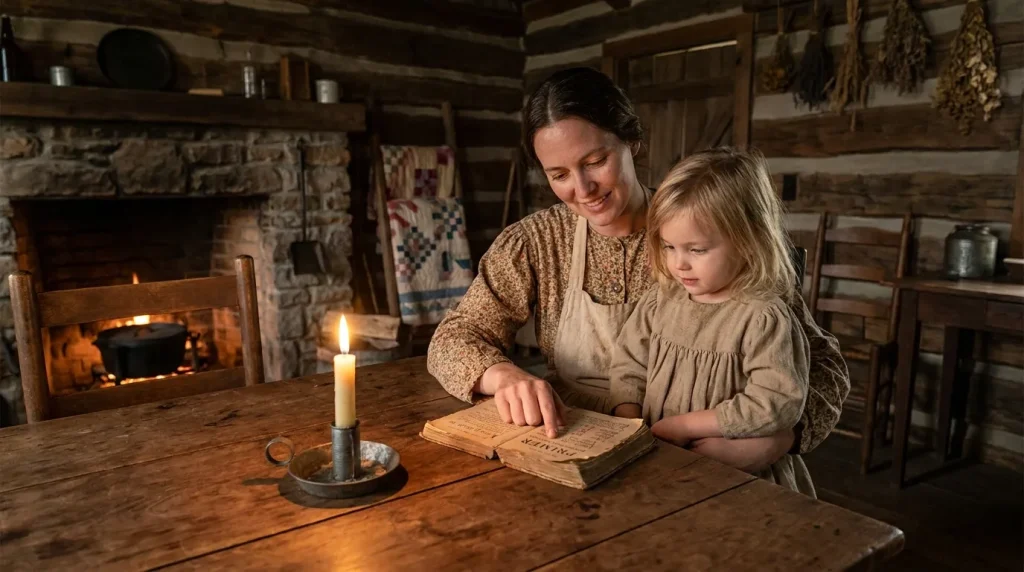 Pioneer mother teaching her daughter to read at a wooden table inside a rustic cabin, candlelight glowing, warm