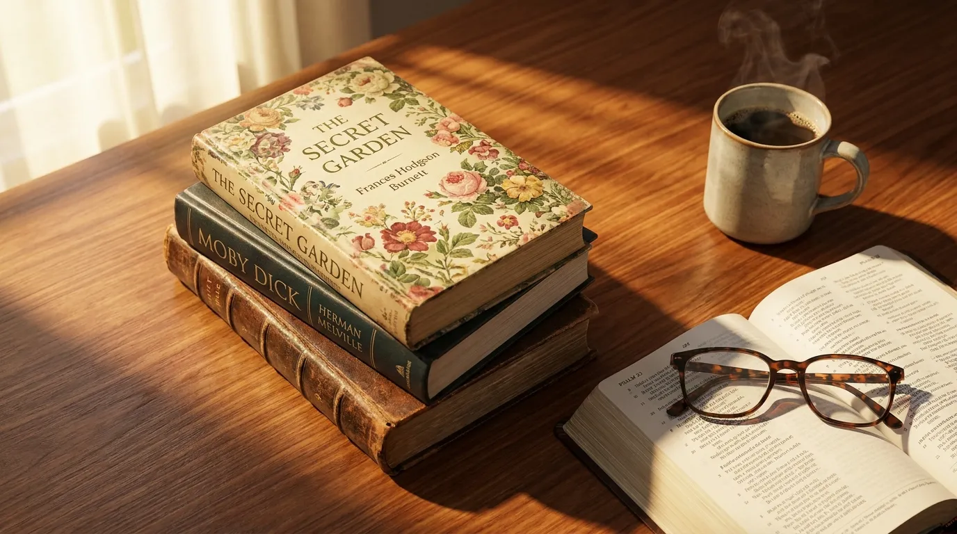 Stack of classic books on a wooden desk beside open pages, glasses, and a steaming cup of coffee in sunlight