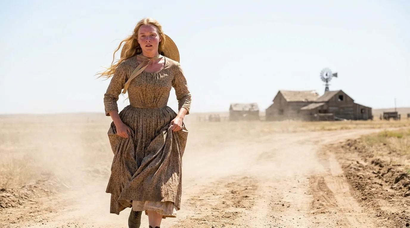 Woman in prairie dress runs across dusty road near farmhouse and windmill under clear sky