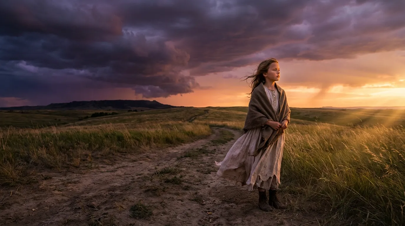 Young girl on frontier path under stormy sky at sunset symbolizing struggle, hope, and growth. Young girl on frontier path under stormy sky at sunset symbolizing struggle, hope, and growth.