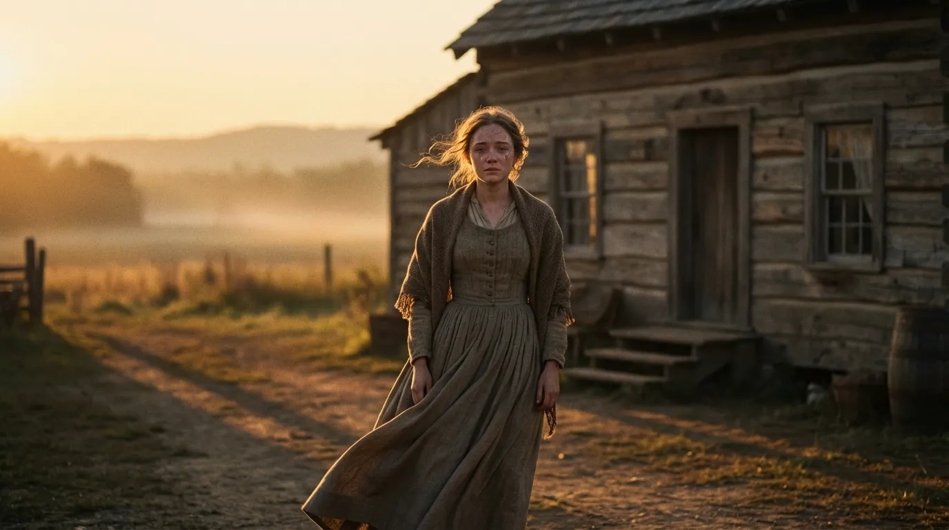 Young woman in 1800s dress stands outside farmhouse at sunset, showing grief and strength