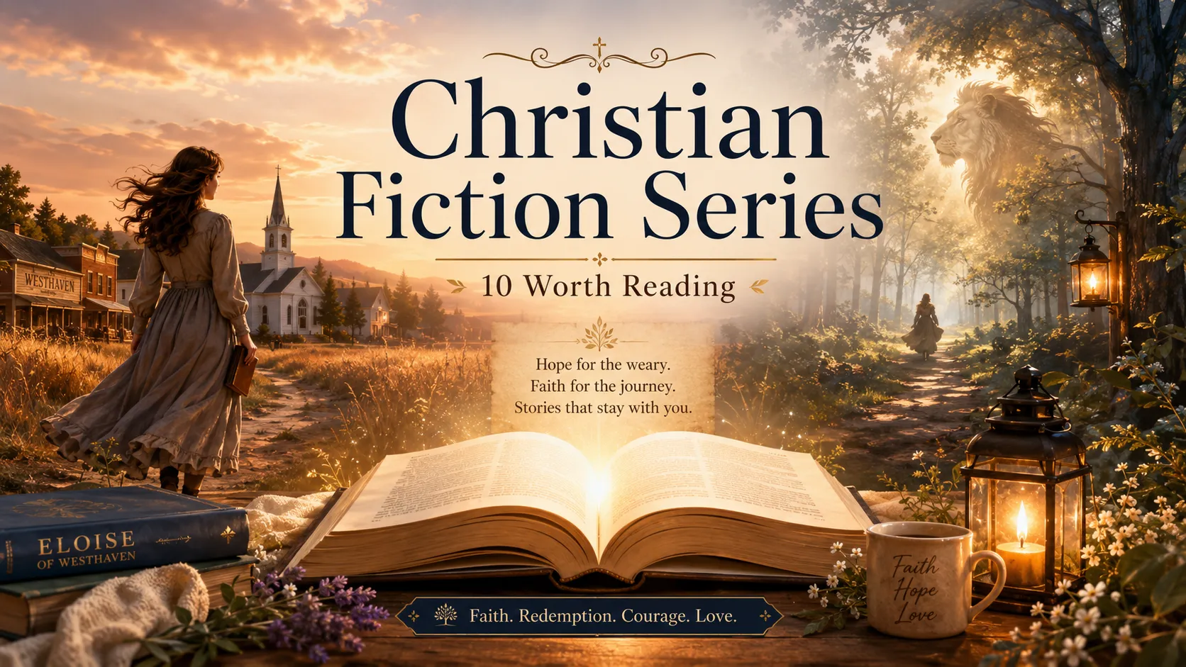 Christian fiction series guide with open book, faith themes, frontier town, and hopeful sunset scene.