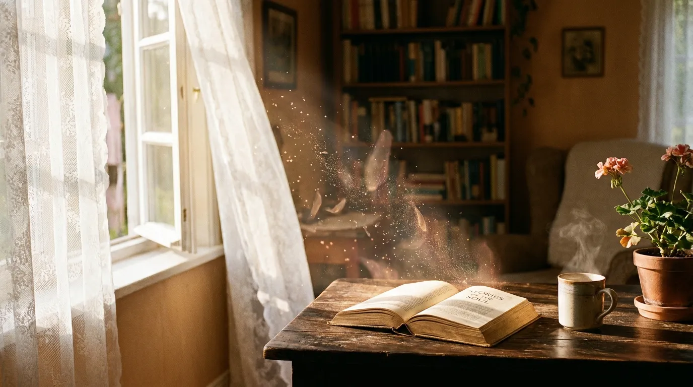 Sunlit cozy reading corner with an open book, steaming cup, and potted flowers nearby. Sunlit cozy reading corner with an open book, steaming cup, and potted flowers nearby.