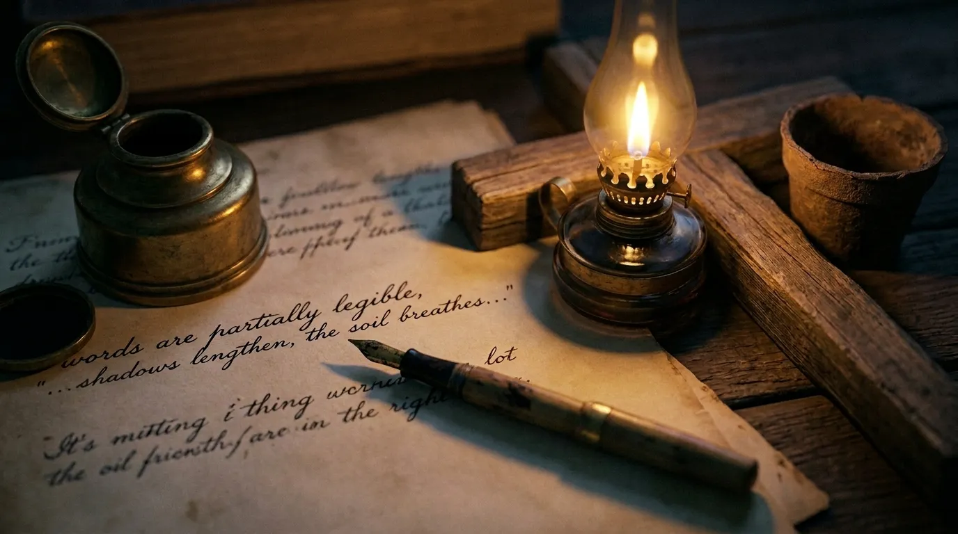 Vintage desk with a fountain pen, inkwell, handwritten manuscript, wooden cross, and lit oil lamp. Vintage desk with a fountain pen, inkwell, handwritten manuscript, wooden cross, and lit oil lamp.