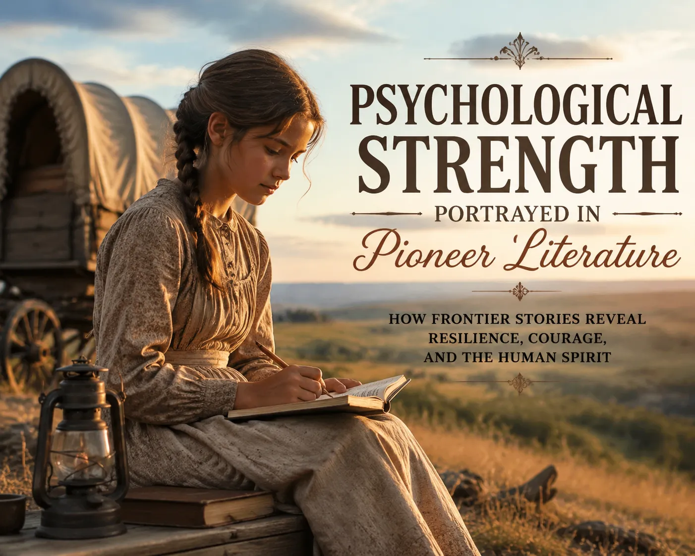 Young pioneer girl writing in a journal by a covered wagon at sunset, showing courage and resilience. Young pioneer girl writing in a journal by a covered wagon at sunset, showing courage and resilience.