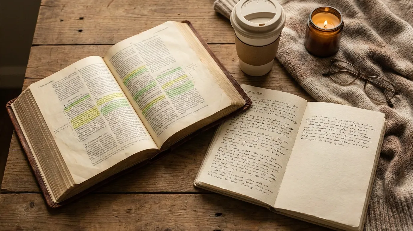 An open Bible on a warm wooden table, with highlighted pages