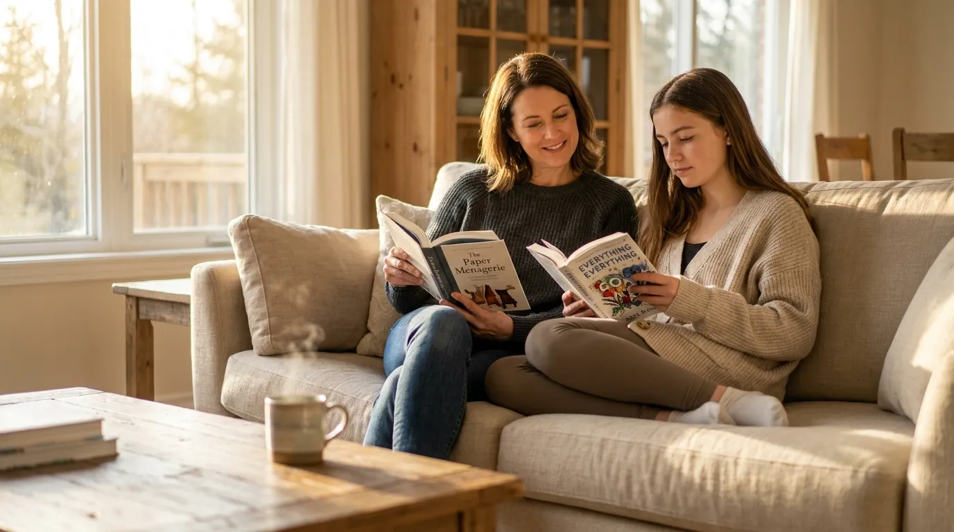 Mother and daughter read together on a sunlit living-room sofa, sharing a quiet family moment.