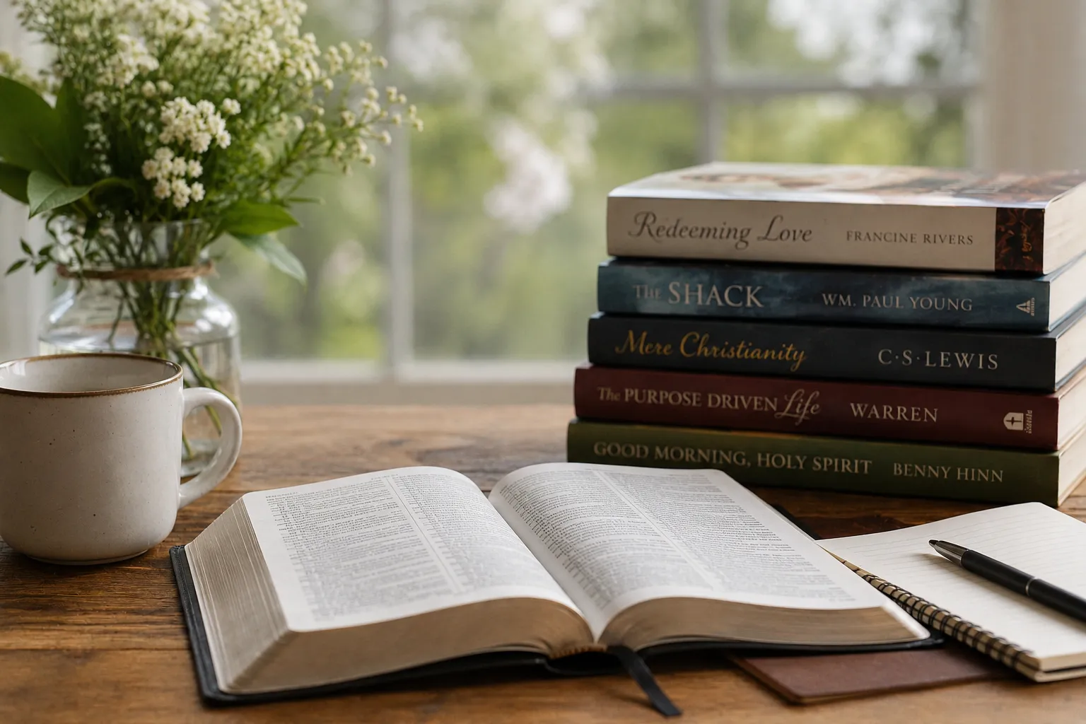 Open Bible, stacked Christian books, coffee, flowers, and notebook on a sunlit wooden table. Open Bible, stacked Christian books, coffee, flowers, and notebook on a sunlit wooden table.
