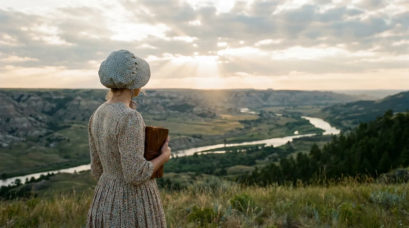 Pioneer girl holding a book overlooking a river valley under sunlit clouds.