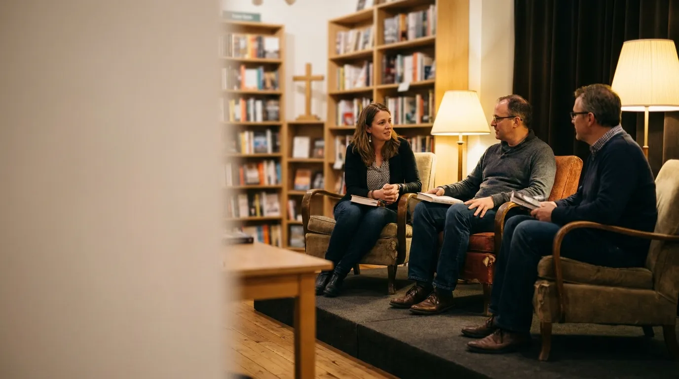 Readers discuss Christian and literary fiction in a warm church library setting Readers discuss Christian and literary fiction in a warm church library setting.