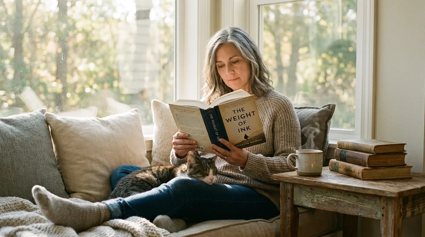 Woman reading by a sunny window with a cat on her lap, coffee, and old books beside her.