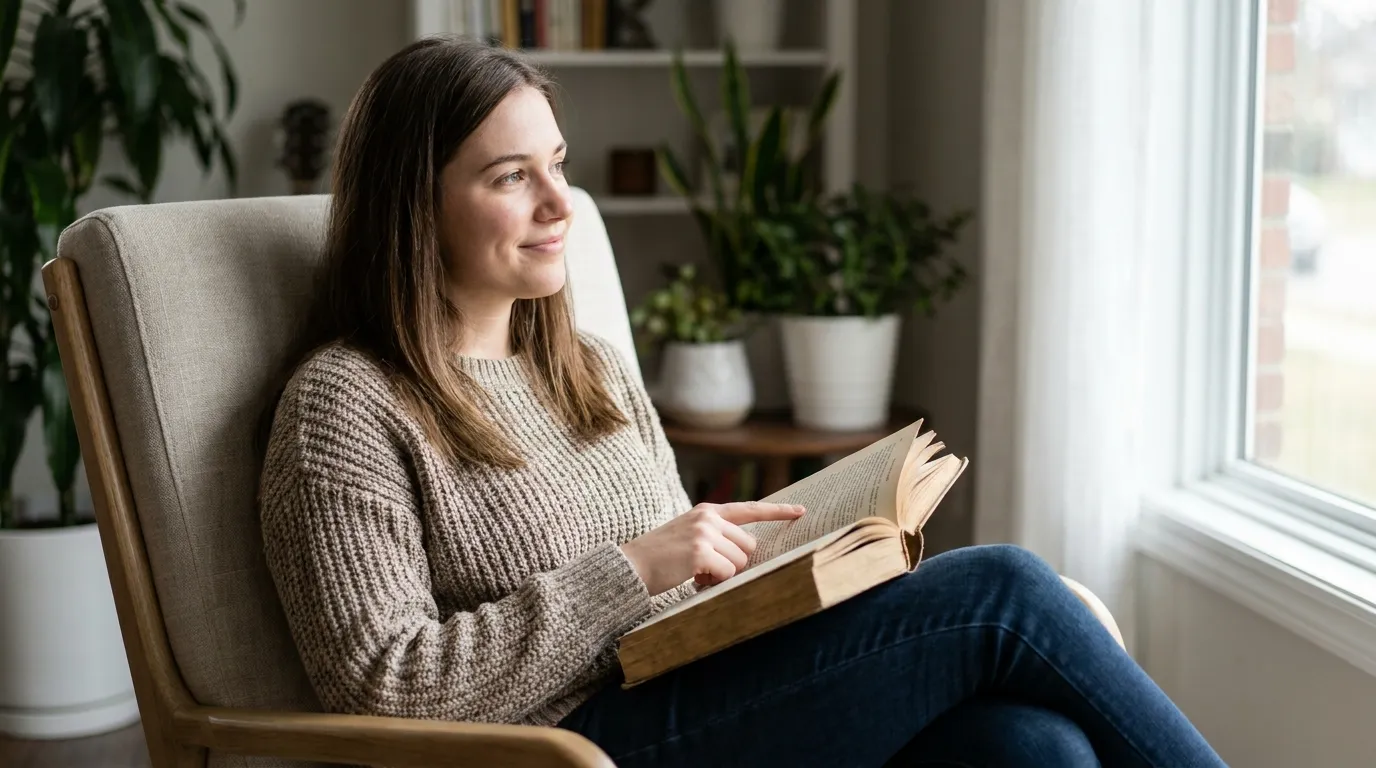 Woman reads an open book by a bright window, smiling thoughtfully in a cozy, plant-filled room. Woman reads an open book by a bright window, smiling thoughtfully in a cozy, plant-filled room.