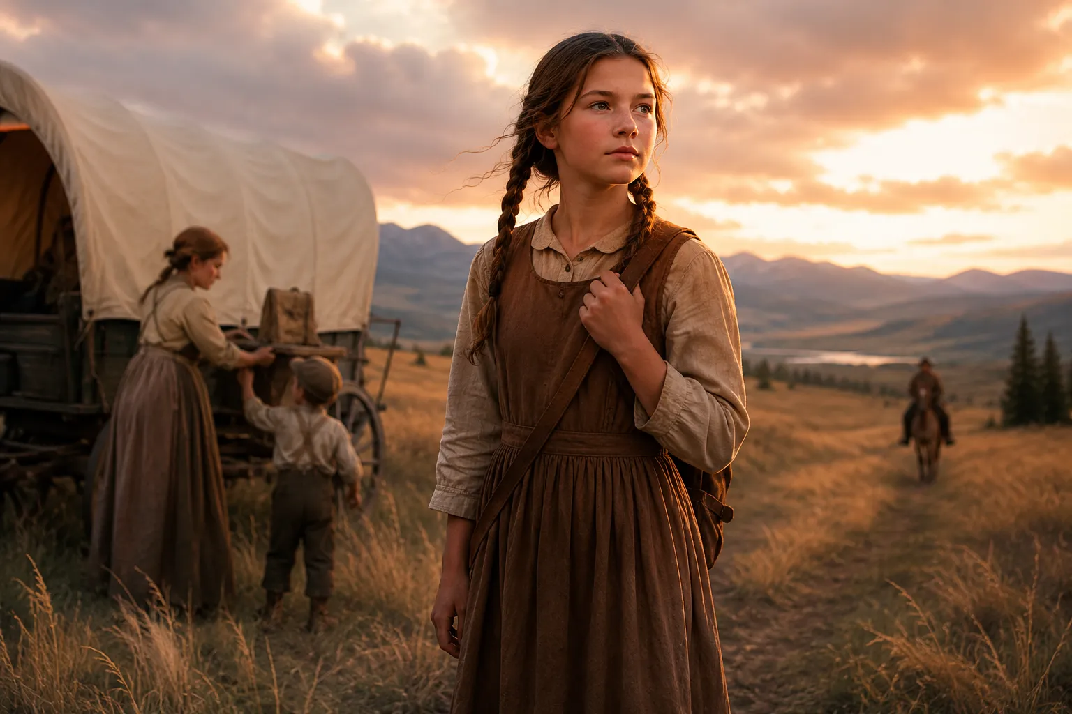 Frontier girl stands by a covered wagon at sunset, symbolizing independence and family dependence. Frontier girl stands by a covered wagon at sunset, symbolizing independence and family dependence.