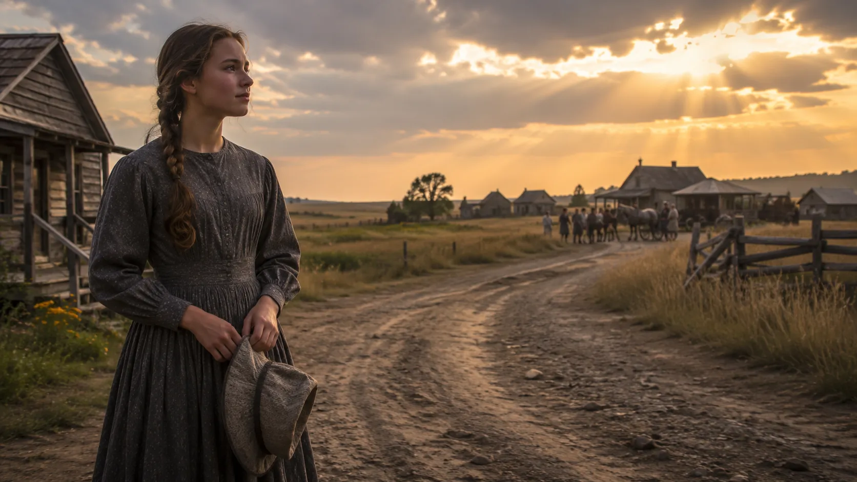Pioneer woman reflects beside a prairie road as sunlight breaks through clouds over a distant frontier town. Pioneer woman reflects beside a prairie road as sunlight breaks through clouds over a distant frontier town.