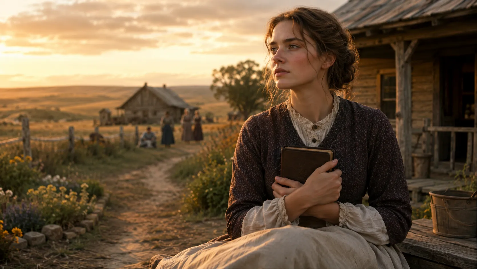 Young frontier woman holding a Bible outside a rustic homestead at sunset, reflecting on faith, family, and resilience.