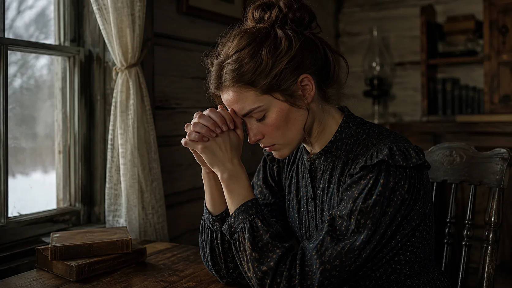 Young pioneer woman praying by a snowy window in a rustic room, reflecting on faith, grief, hope, and unanswered prayer.
