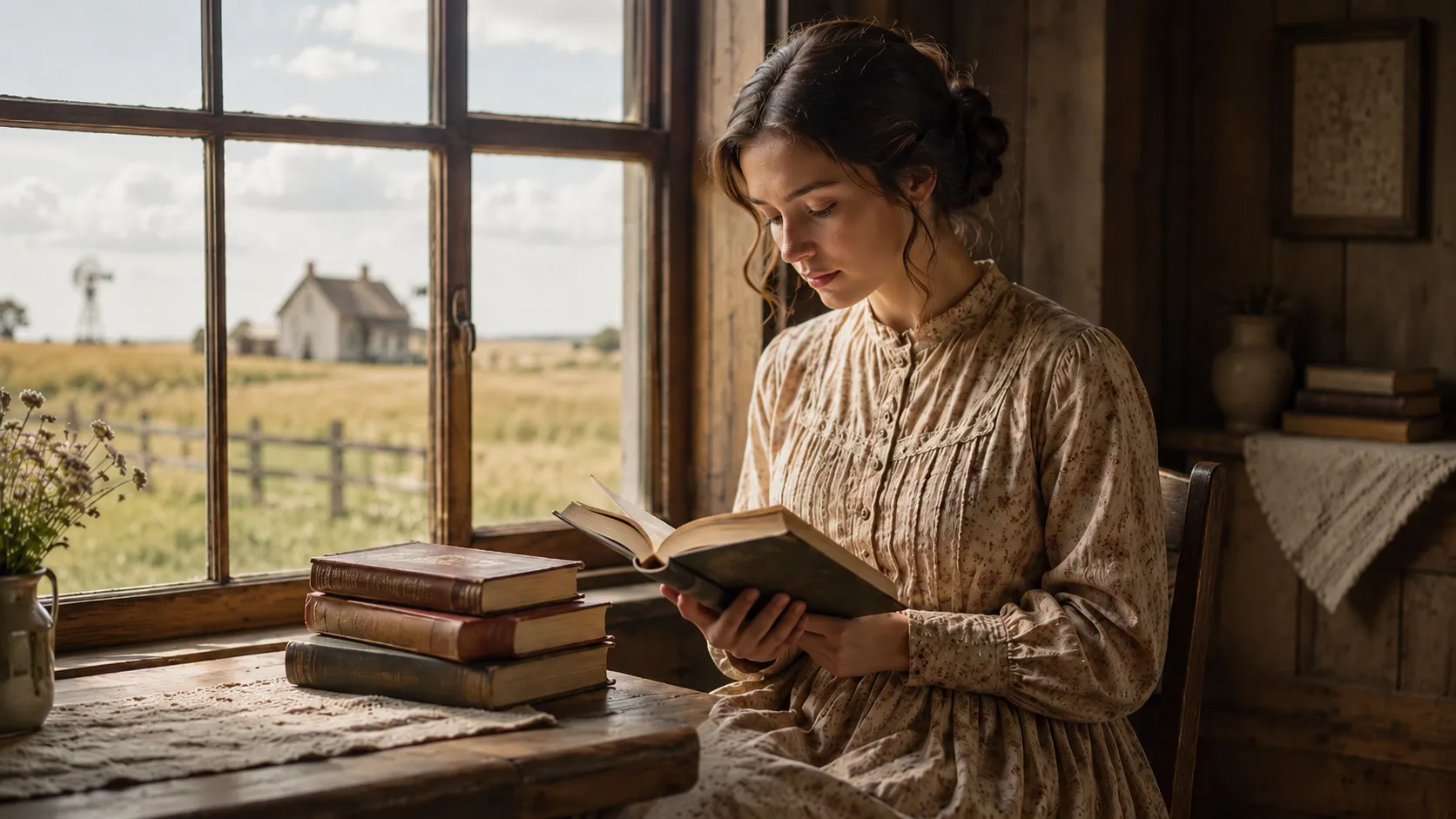 Young woman reads Christian fiction by a farmhouse window, surrounded by old books and warm countryside light. Young woman reads Christian fiction by a farmhouse window, surrounded by old books and warm countryside light.